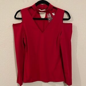 Boston Proper Women's Shirt Small Red Cutout Mock Stretch Fitted Bodycon